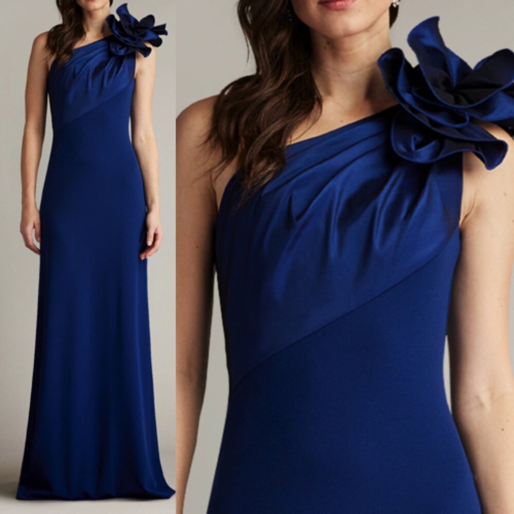NWT Tadashi Shoji Korra Taffeta Crepe One shoulder Gown Dress Navy Size XS